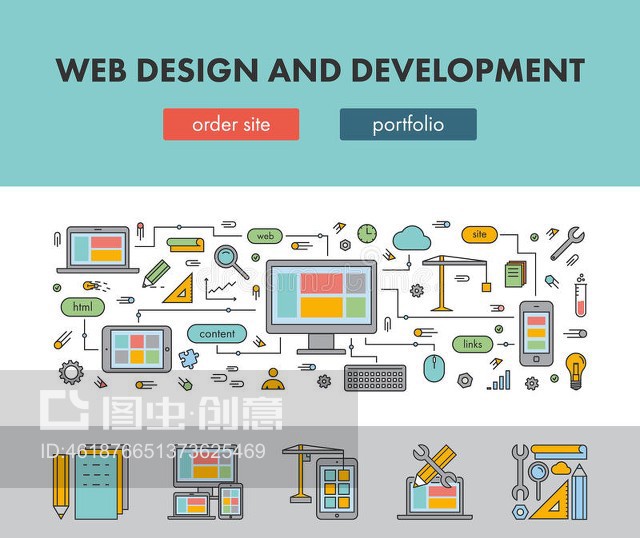 网页设计和开发的线条设计概念横幅Line design concept banner for web design and development
