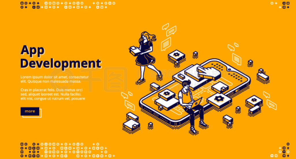 移动应用程序开发等距登陆页面。用户体验,ui ux 手机界面设计创作。巨大的智能手机上的小人在小工具软件应用程序、3d 矢量线条艺术网页横幅上工作。移动应用程序开发等距登陆页面